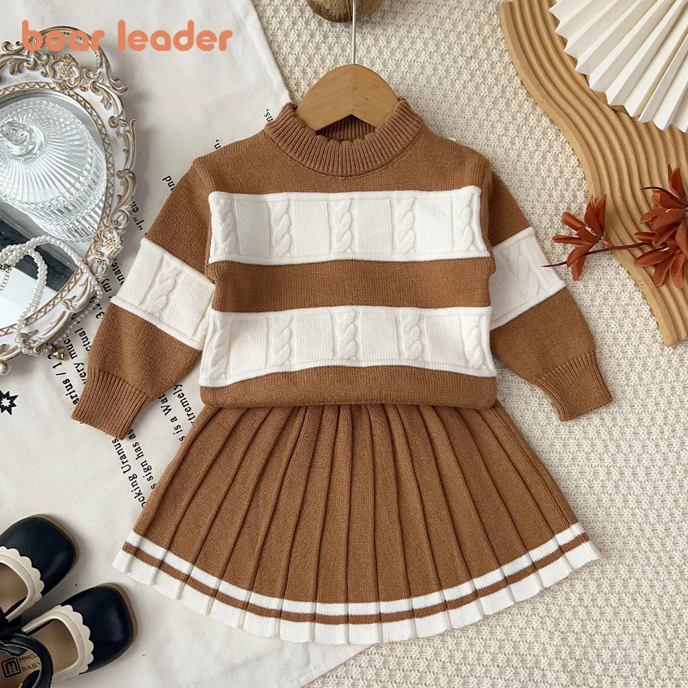 Bear Leader 2-6 Year Old Autumn Winter College Style Girls Clothes Color Blocking Long Sleeved Sweater+Short Skirt Two-piece Set