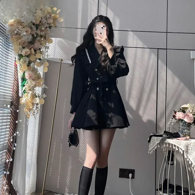 Elegant Black Socialite Style Medium-length Trench Coat Ruffle Edge For Spring 2023