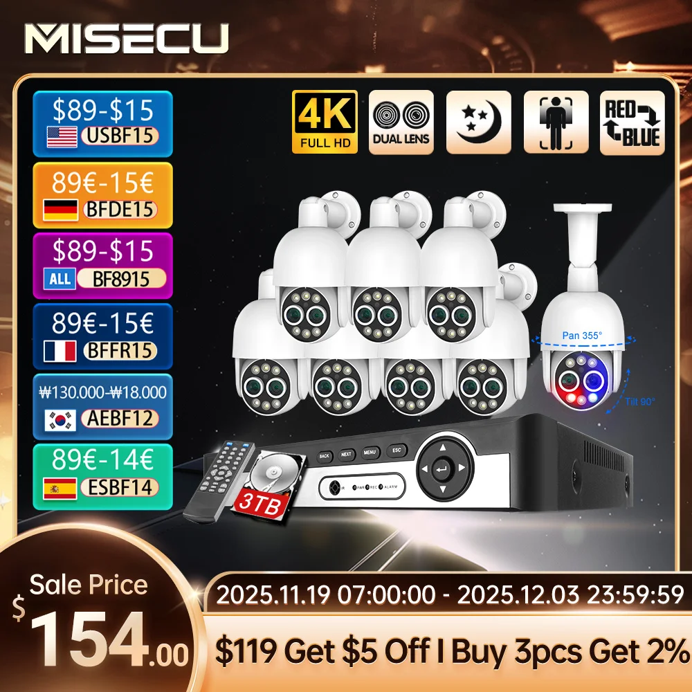

MISECU 8CH 4K PTZ 8-кратный гибридный зум POE Система безопасности с двумя объективами 8-мегапиксельная камера Наружная запись CCTV Комплект защиты ONVIF