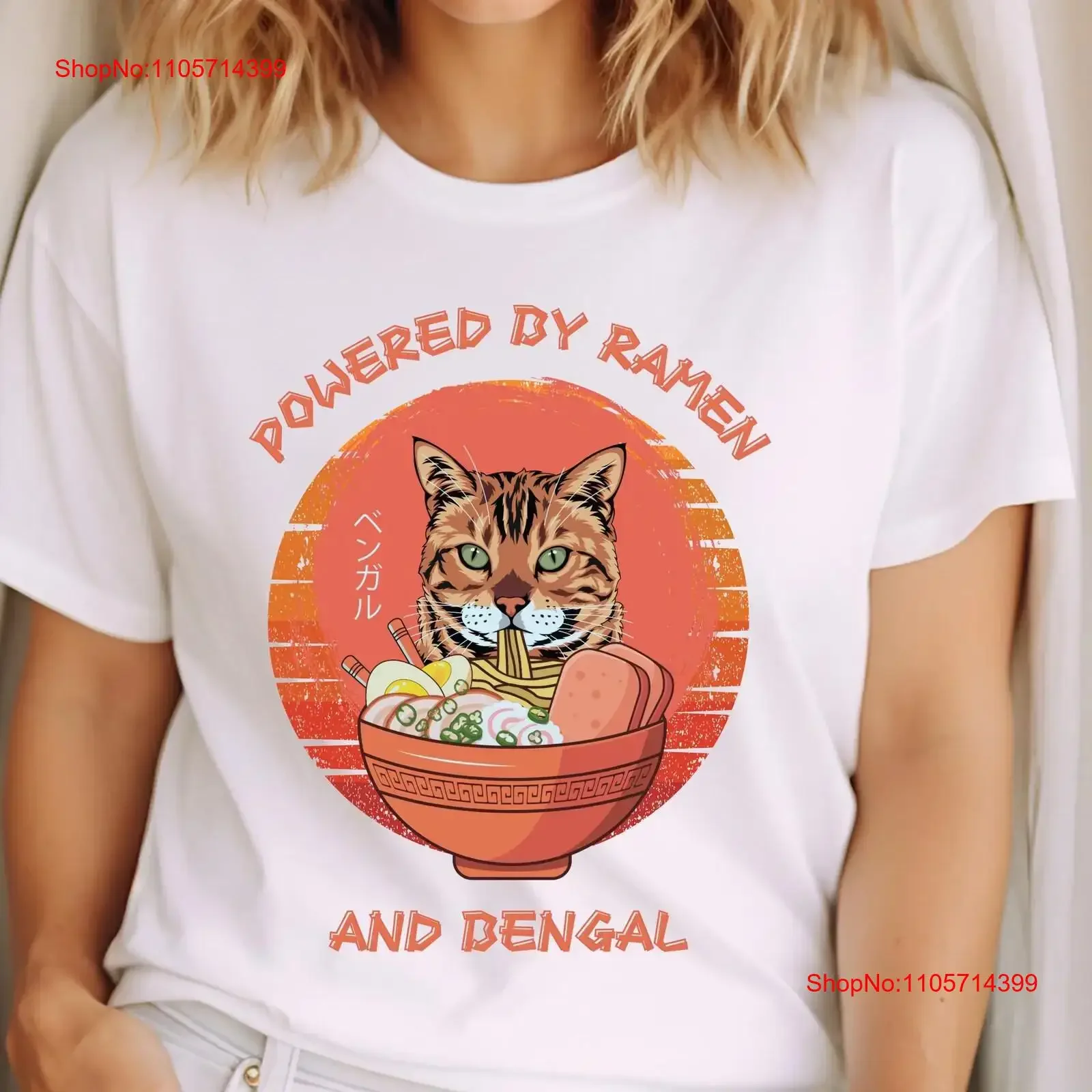Bengal Cat Eating Noodles T Shirt Powered by Ramen and Quote Kawaii for Lover vintage Washed graphic Breathable homme