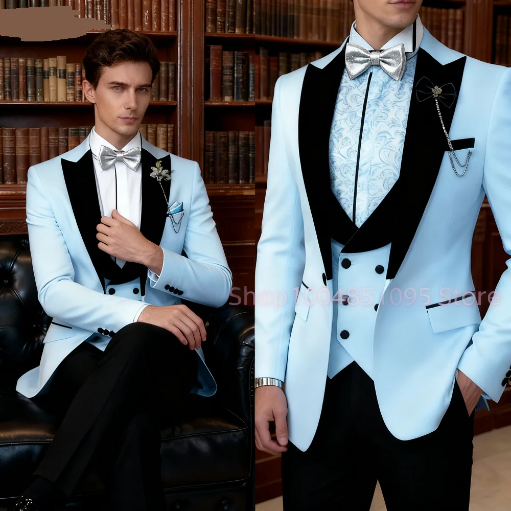 

Classic Solid Black Peak Lapel 3-Piece Men's Suit Slim Fit Elegant Blazer Vest Pants Set for Wedding And Business