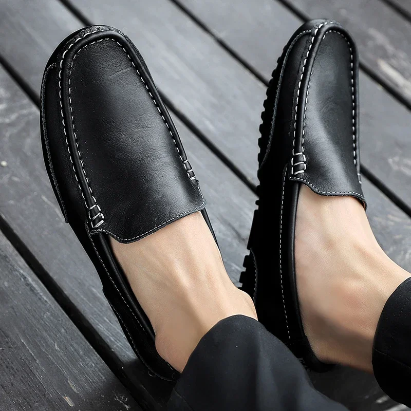 Genuine Leather Men Casual Shoes Soft Luxury Brand Mens Loafers Moccasins Breathable Slip on Black Driving Shoes Plus Size 37-47