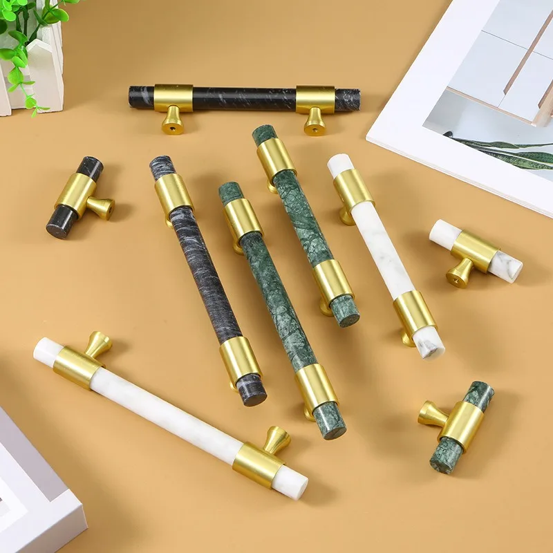 2Pcs Nordic Luxury High-end Wardrobe, Cabinet Doors, Drawers, Furniture Long Handles, Natural Marble, Pure Brass Small Handles