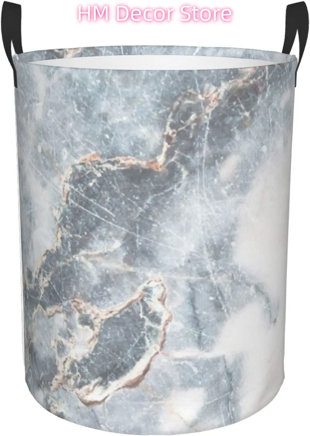 Gold Blue White Marble Laundry Basket with Handle Waterproof Collapsible Cloth Hamper Round Storage Basket for Bathroom Bedroom