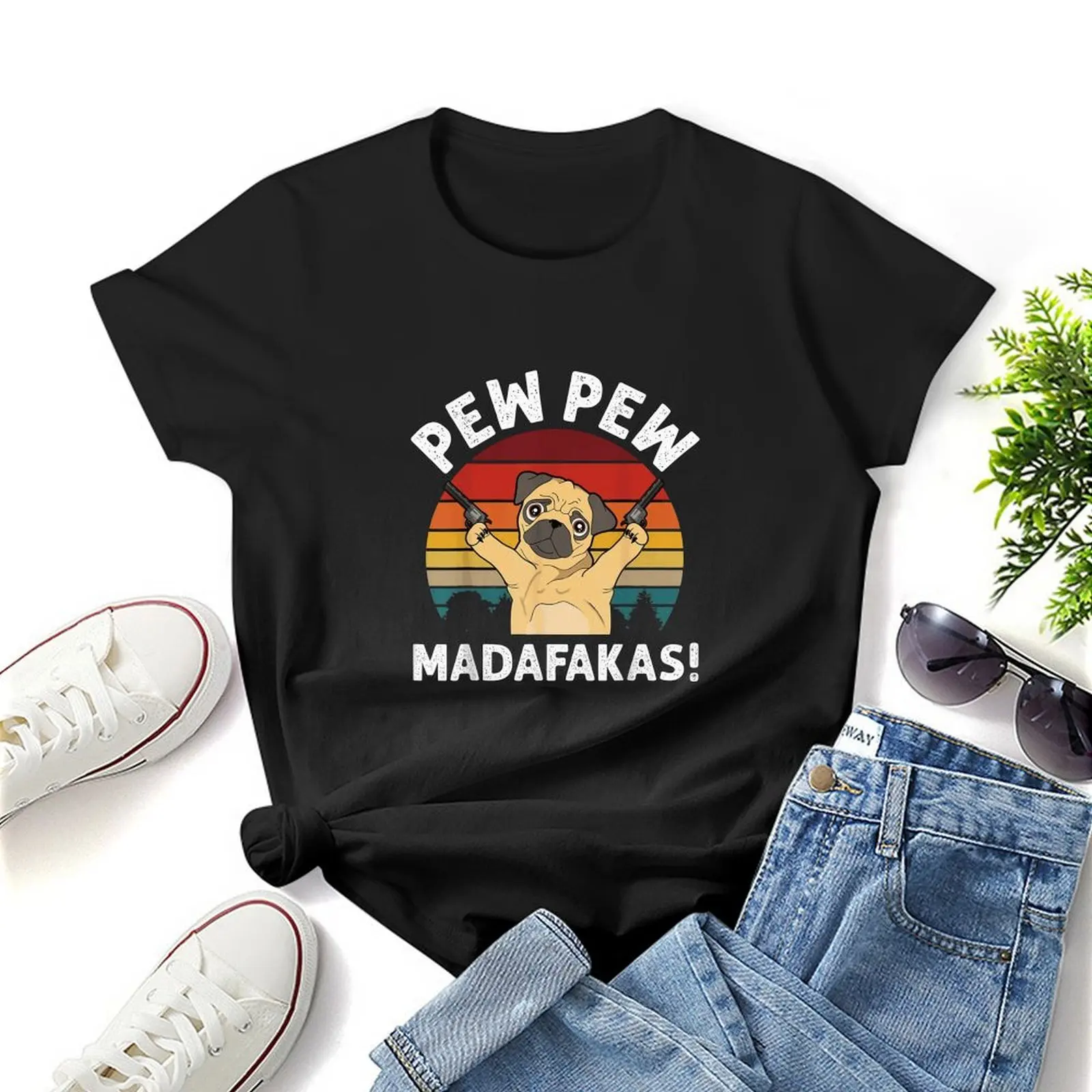 Pew Pew Madafakas Funny Dog Women Kawaii Graphic Shirts T-Shirt Casual Short Sleeved Black Female Tee Round Neck T-shirts