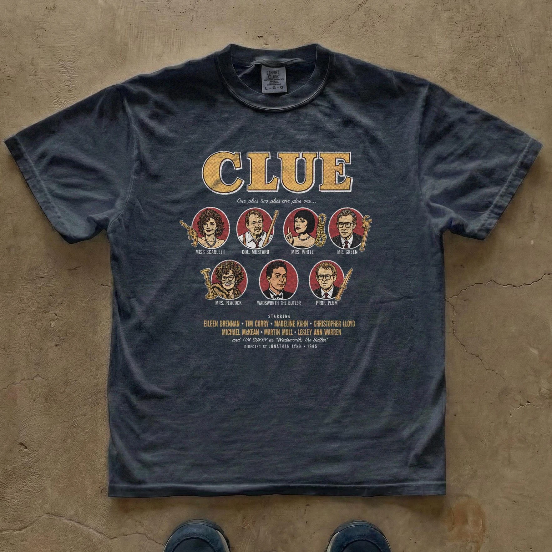 Clue 1985 Suspects & Weapons Graphic T-Shirt | Vintage Board Game Retro Print Retro Round Neck Printed T-shirt