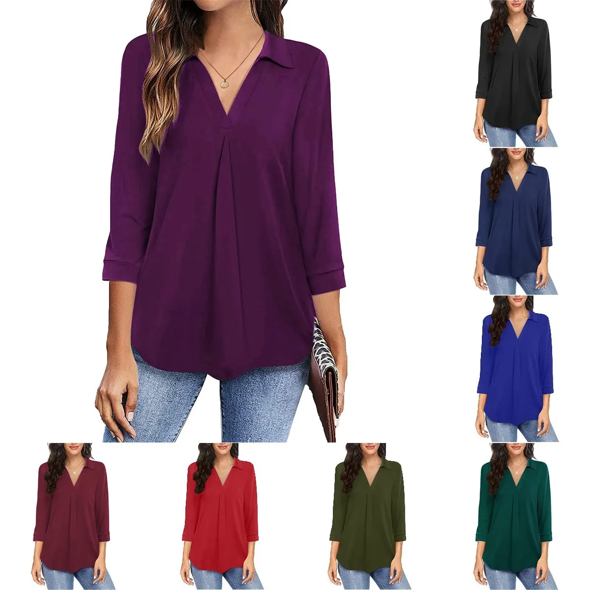

Ele V-Ne Seven-Quarter Sve irt Pure Color Splicing Chiffon Women's Top New Arrival 2024 Loose Fit Summer T-irt