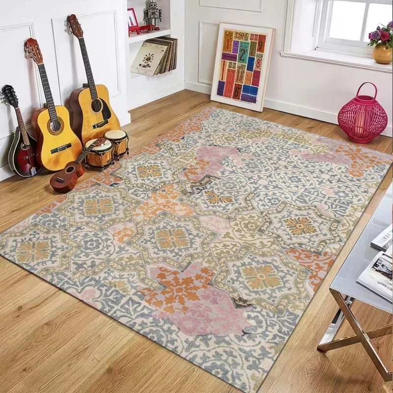 Boho Carpet Mat Rug Retro Pattern with Colorful Geometric Design Soft Floor Mat for Living Room Bedroom Vintage Luxury Decor