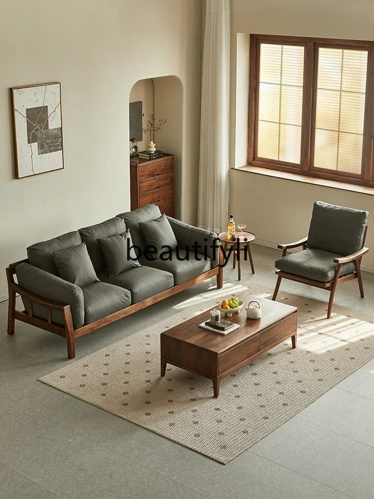 M178 North American black walnut sofa Nordic leather sofa combination living room full solid wood furniture