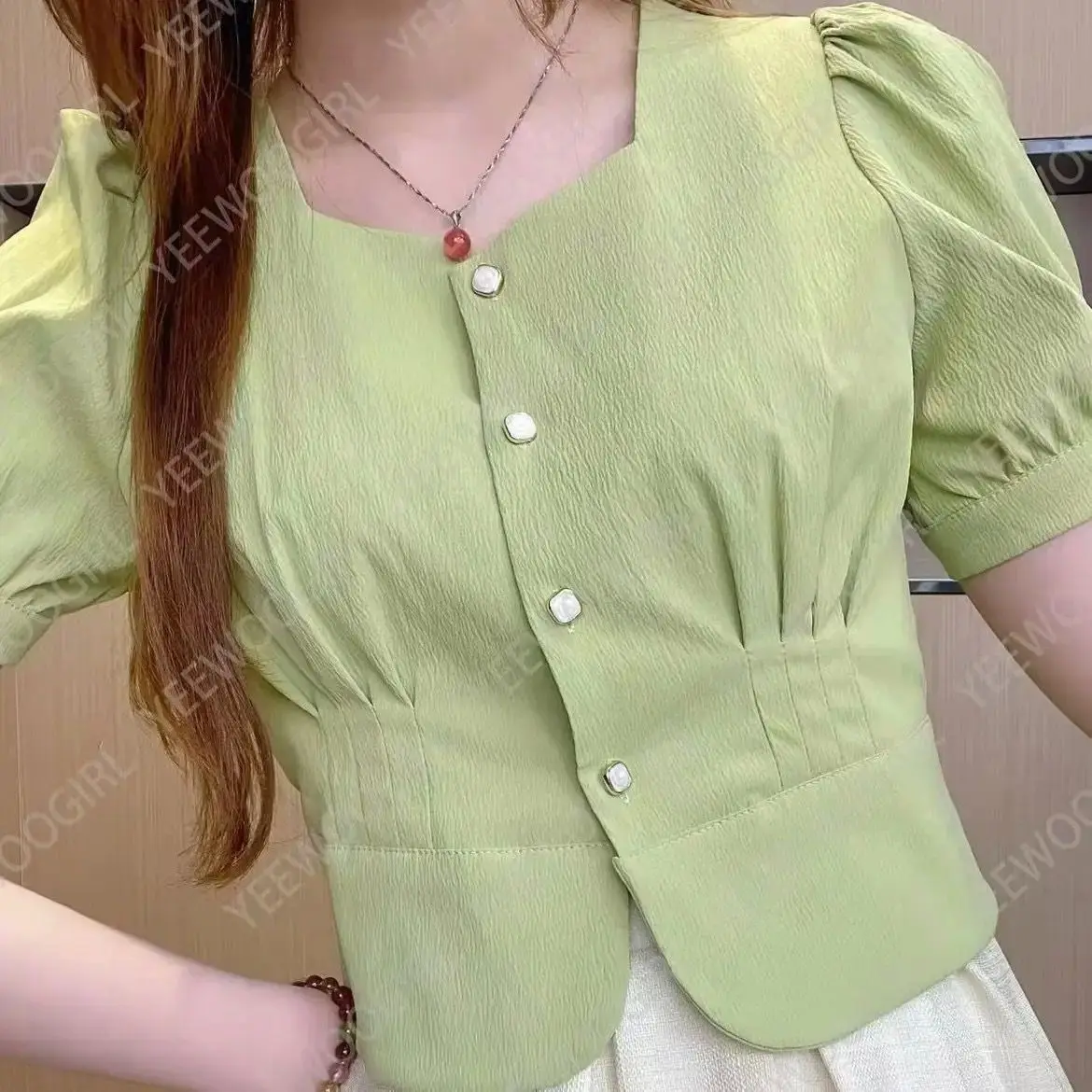 Woman Clothes Sweet Elegant Inc Niche Temperament Waist Buttons Square Collar Cropped Short Sleeve Shirt Tops Casual Trend Slim