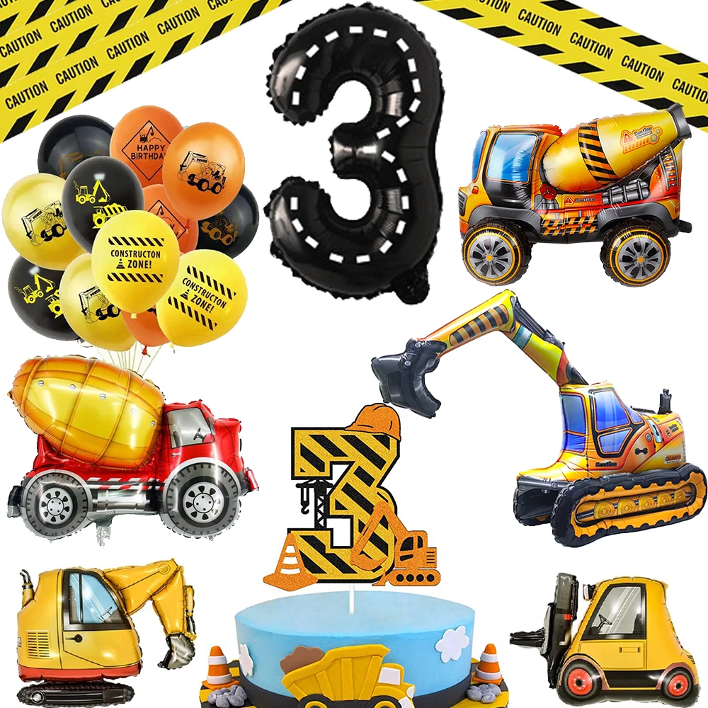 Construction Birthday Decoration Tableware Large Engineering Vehicle Balloon for Kids Boys 1st Birthday Party Baby Shower Favors