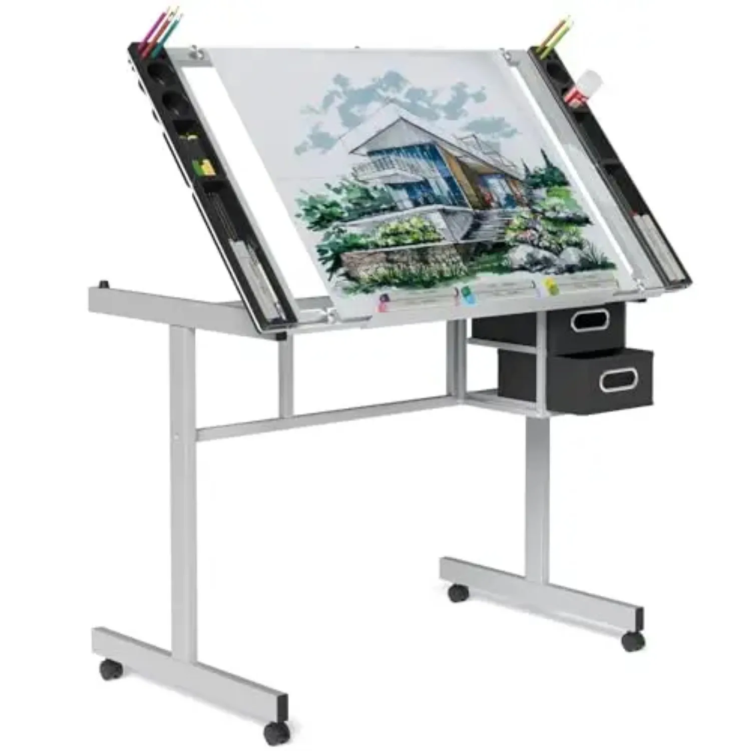 Adjustable Drafting Table with Glass Top, Art Craft Desk with Slide-Out Drawers, Rolling Wheels, Storage, for Drawing