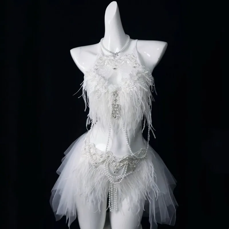 

Bar Nightclub Sexy Stage Performance Dance Costume White Black Feather Beads Bikini Electric Music Festival Clothing Rave Outfit