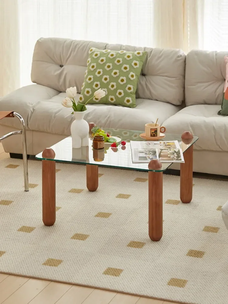 

Vintage Solid Wood Tea Table, Living Room, Household Square Tempered Glass Design, Small Table, Simple and Modern Small Unit