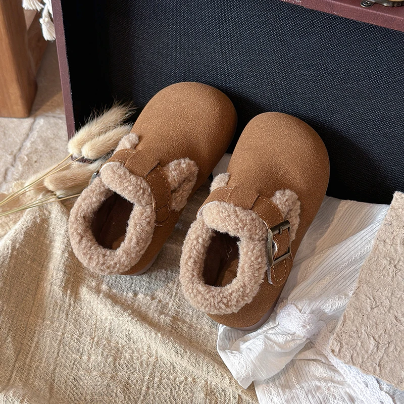 Toddler Warm Fleece‑Lined Winter Shoes, Adjustable Buckle Strap Leopard  Solidc Brown Kids Clog Shoes
