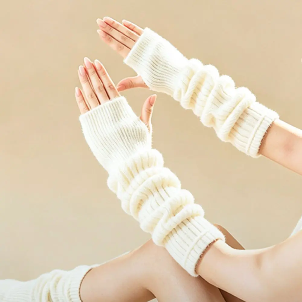 For For MEETSUNNY Winter Plush Sleeve Covers Knitted Arm Warmers Women Long Fingerless Gloves Soft Thermal Hand Mittens
