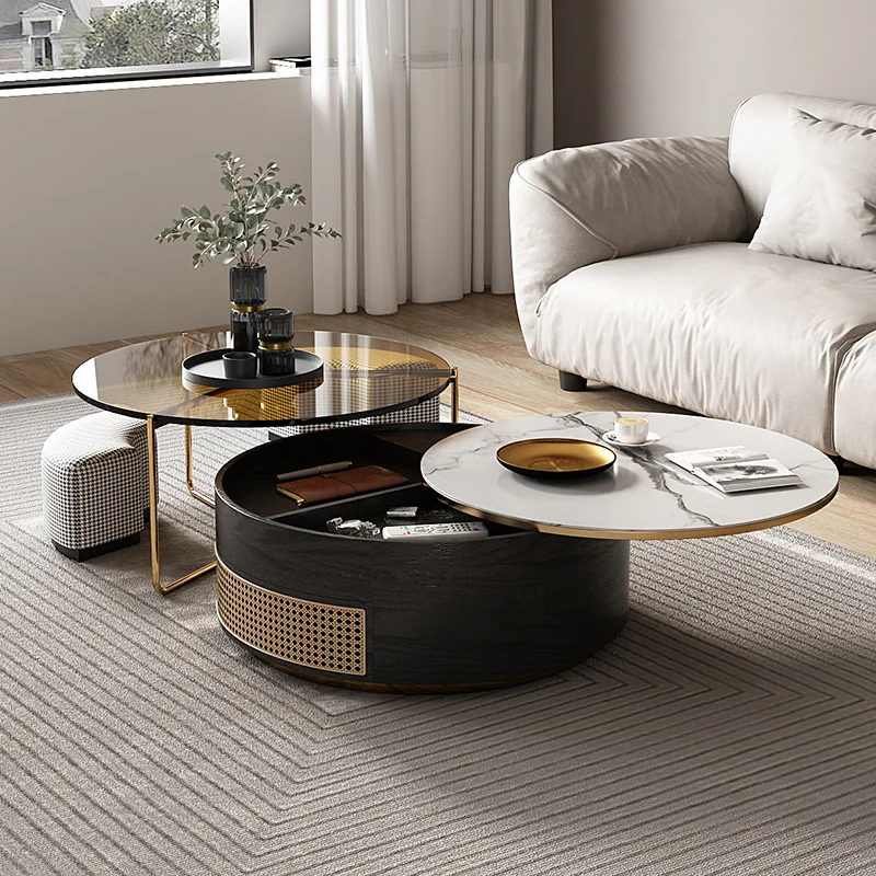 Nodic Round Rattan Coffee Table Set With Undertop Storage, Functional Display Table With Tempered Glass Side Table