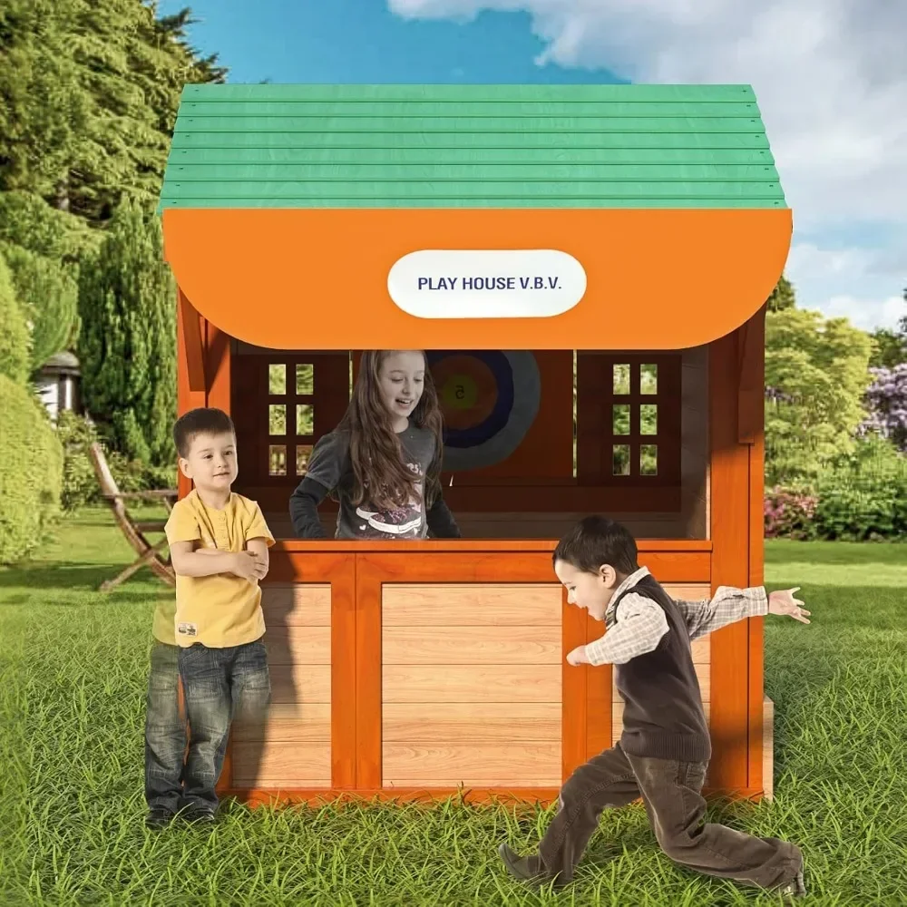 Outdoor Playhouse, Kids Outside Game House Wooden Adventures Cottage for Toddler Boys Girls Ages Age 3-10 Years Outdoor Playset