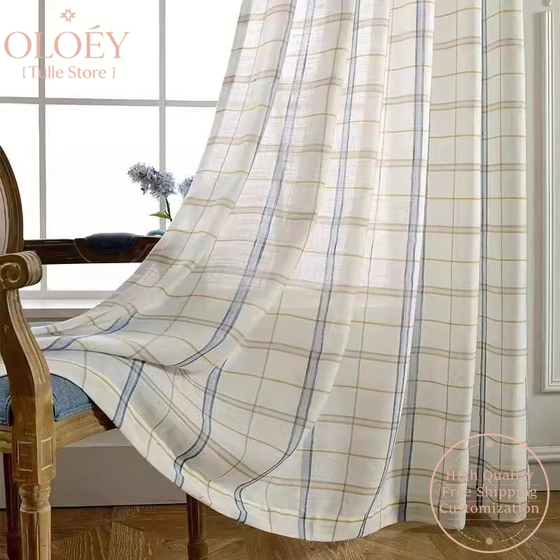 

Grid Linen Sheer Curtain for Window Light Blocking Breathable Living Room Balcony Partition Translucent Sunshade Windowsill Yarn