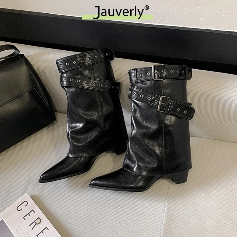 2025 موضة أشار تو المرأة الغربية حذاء من الجلد أنيقة كعب سميك أحذية Laides حزام مشبك الجوارب القصيرة Zapatos Mujer