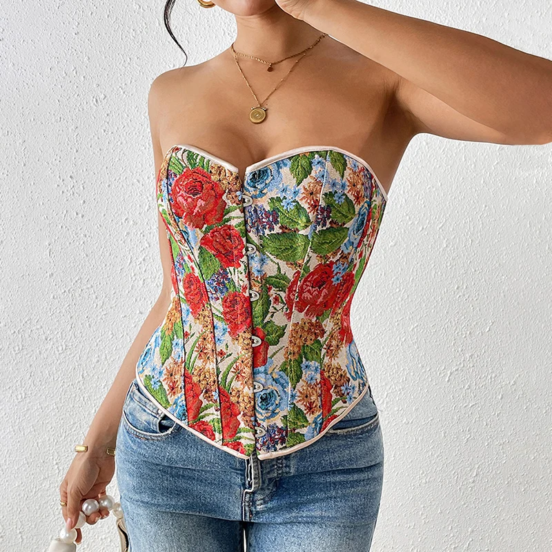 Summer new style retro print boned corset with lace-up drawstring at the back, French-style strapless shaping bustier for outer