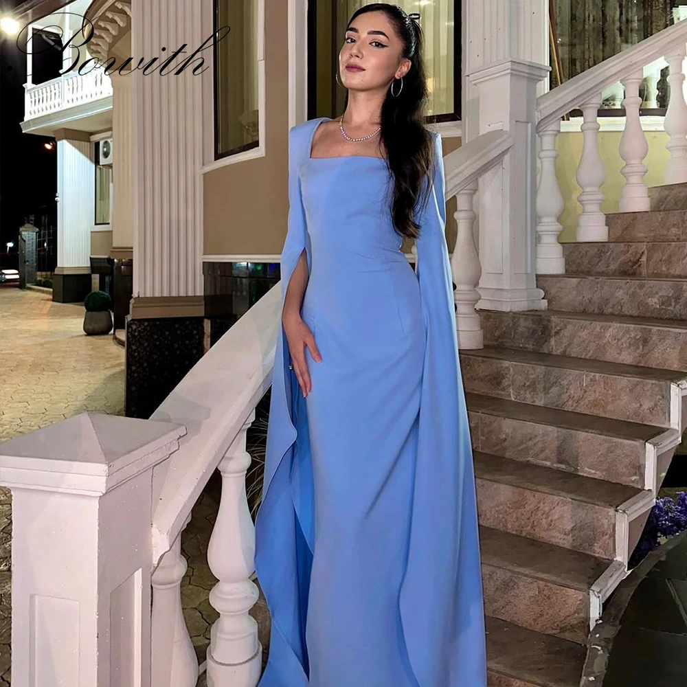 

Bowith Blue Elegant Evening Dresses Square Collar Cape Sleeves Solid Color Prom Dresses Customized robes de soirée