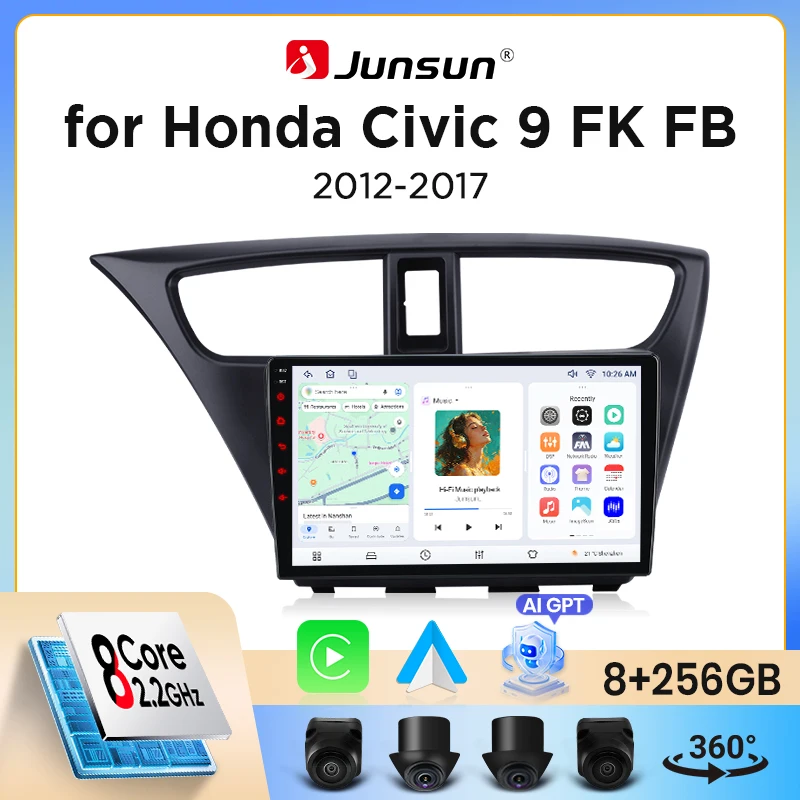 Image of Junsun Wireless CarPlay Android Auto Autoradio für Honda Civic Mk9 (FK/FB) 2011-2017 mit integriertem Lüfter, Android GPS-Navigation, Multimedia-Player, WiFi, DSP, RDS, BT, SWC, IPS-Touchscreen,