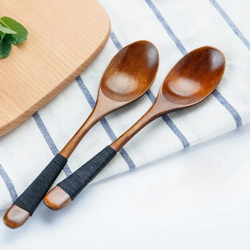 2Pcs Wooden Spoon Small Dessert Spoon Kids Rice Soup Spoon Tableware Long Wood Teaspoon Honey Coffee Drink Stirrer Mixing