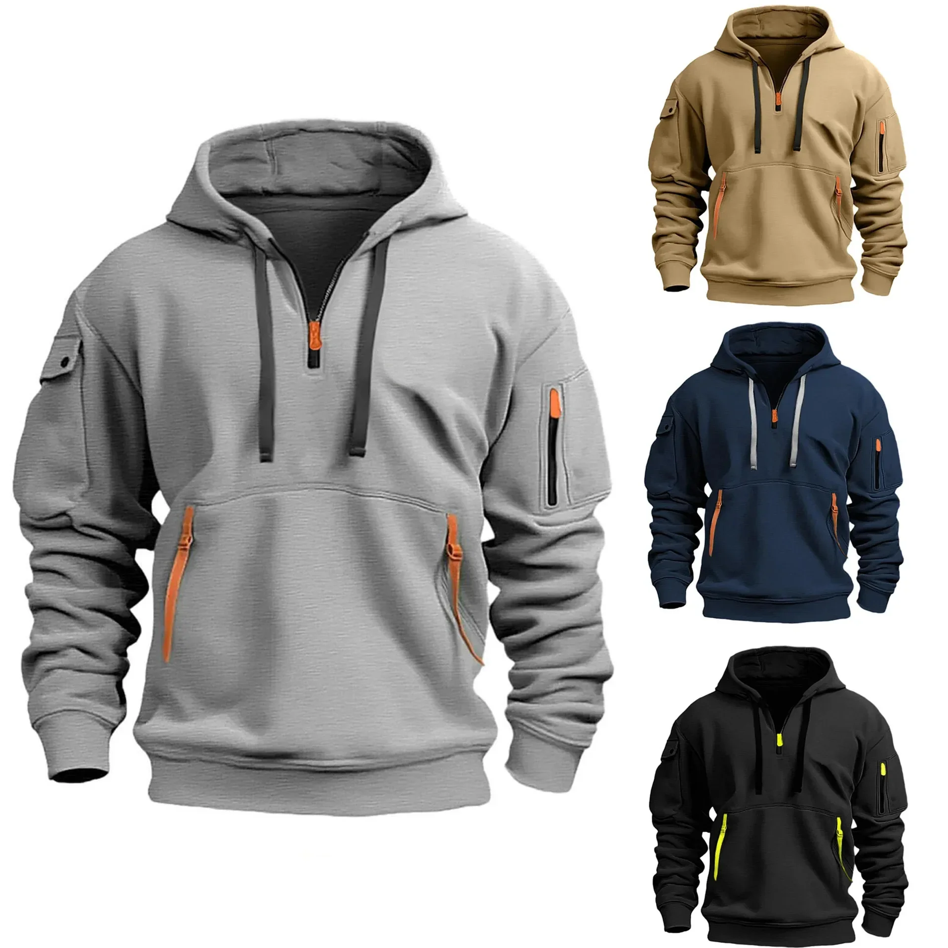 Men's Casual Hoodie Sweatshirt with Zipper Drawstring Pullover Multiple Pockets Stylish Street Style Style Fleece White Clothing