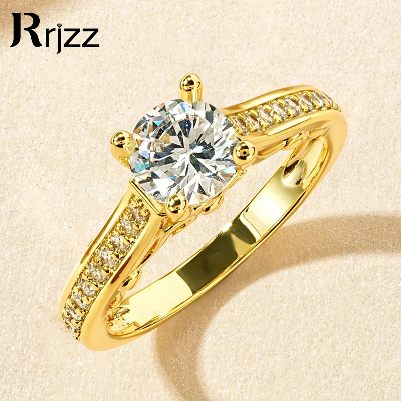 

Rrjzz Round Cut Main Stone 1CT CZ Simulated Diamond Rings Classic 14k Gold Plated Engagement Ring For Women Fine Jewelry Gifts