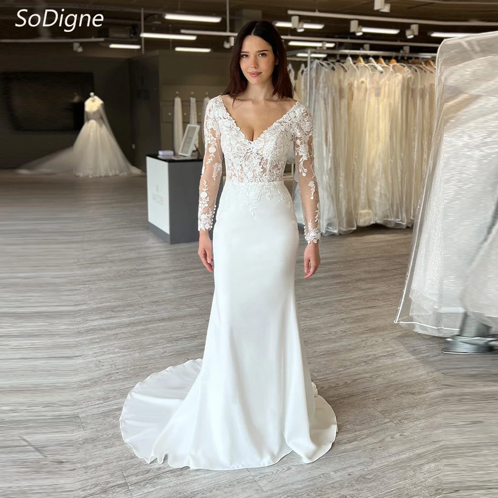 

SoDigne Mermaid Appliques Wedding Dresses V-neck Full Sleeves Satin Bridal Dress Long Wedding Gown Robe De Mairee ﻿Customized