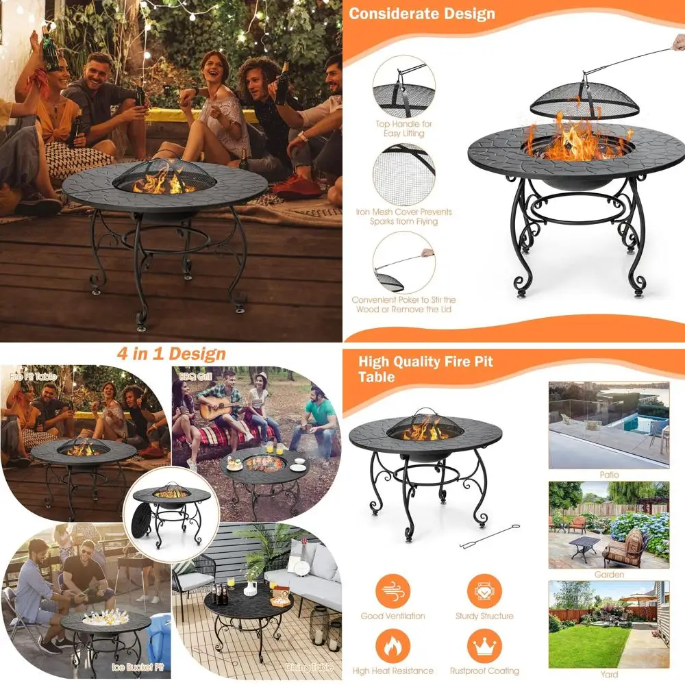 

Круглый уличный стол-костровище 4-в-1 (36 дюймов) с грилем, крышкой, решеткой для приготовления пищи и кочергой