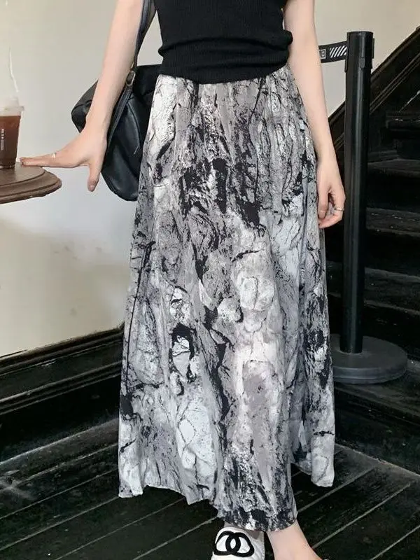 Slimming A-Line Midi Skirt with Water-Media Flowers Elastic Waist for plus Size Women Summer New Style Korean Loose Fit Casual