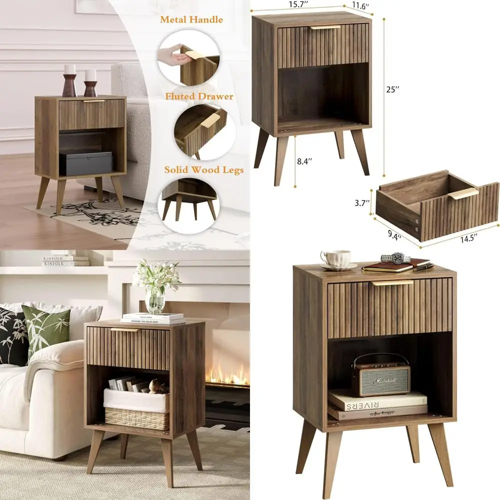 

Mid-Century Fluted Nightstand with Storage Drawer, Caramel Oak, 11.8D x 15.7W x 25.2H