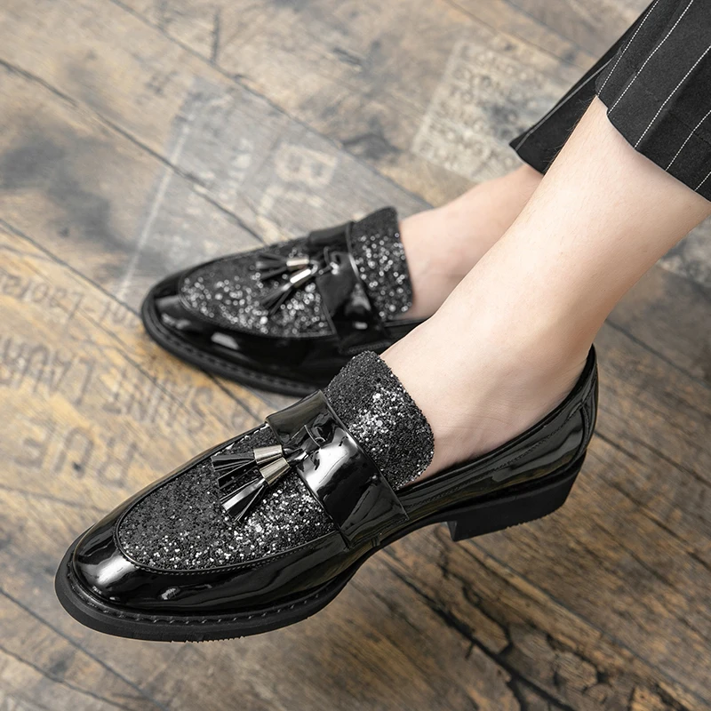 Men's Casual Leather Nightclub Party Tassel Shoes Men Dress Shoes Men's Black Platform Shoes Luxury Brand Sequin Ow Heel Loafers