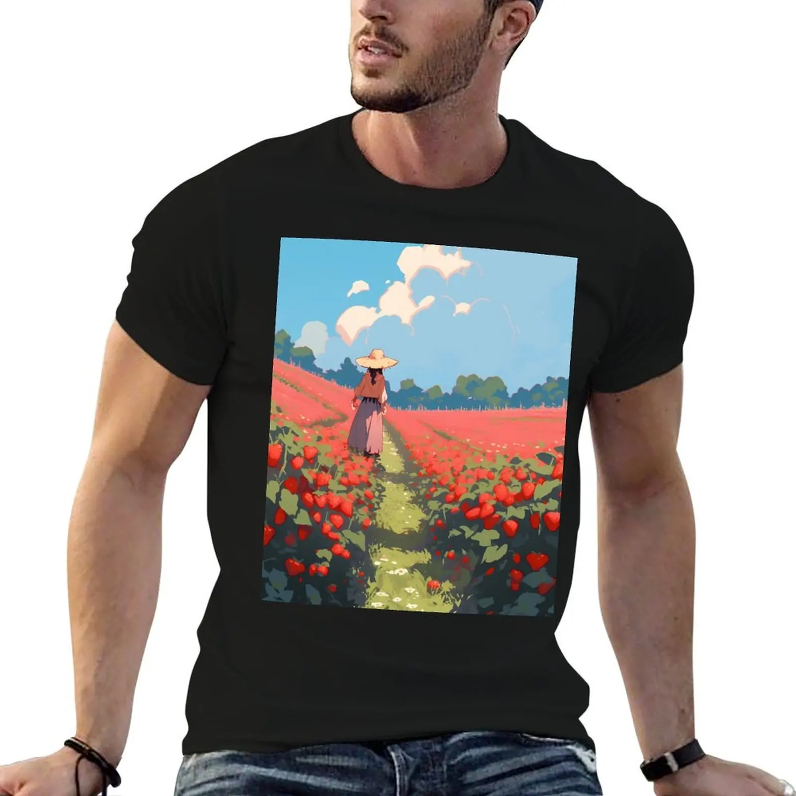 Strawberry field, anime scenery- Pixel art T-Shirt boys animal print oversized t shirt mens t shirts top quality