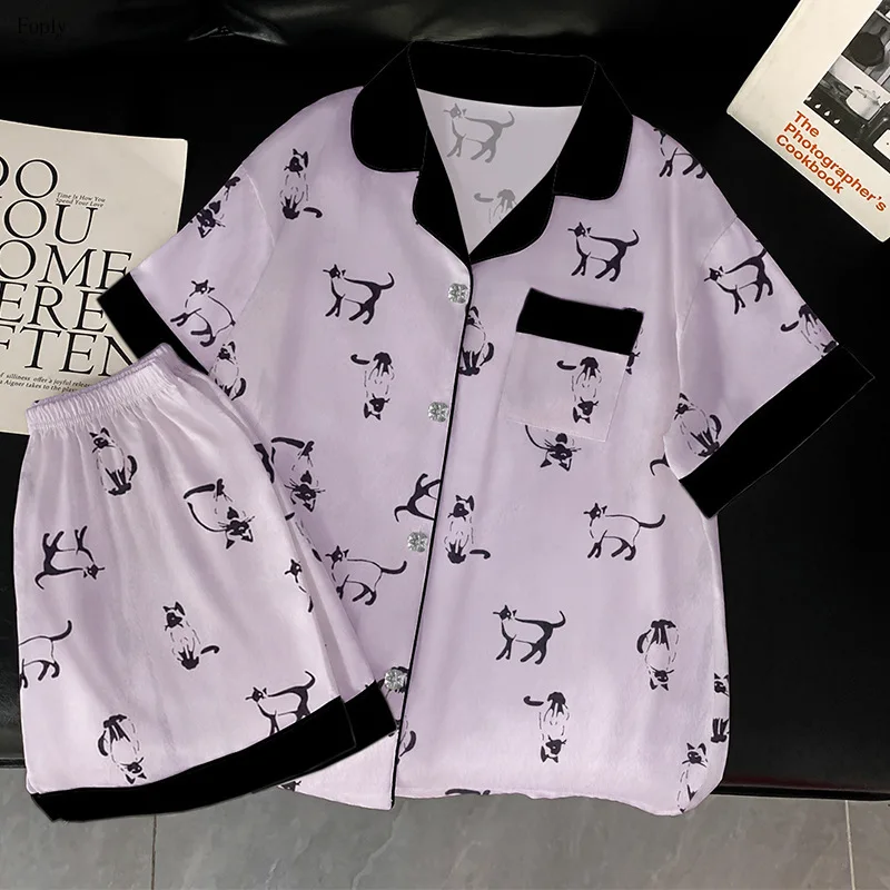 

Black Kitten Women Pajamas Set Pijama Silk Satin Pyjamas Women Loungewear Short-sleeved Homewear Ice Silk Summer Pajamas Woman