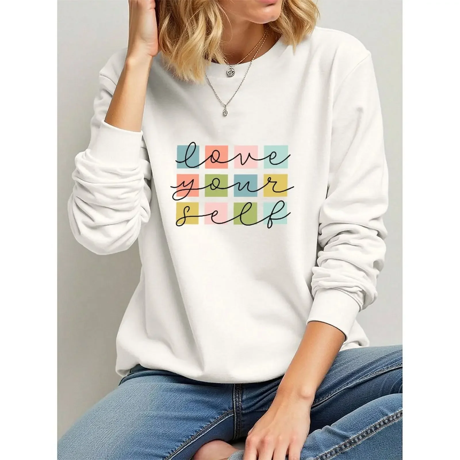 2025 Fashion O-Neck Pullovers Woman Round Neck Long-sleeve Velvet Winter Casual Positive Words Print Sweatshirt