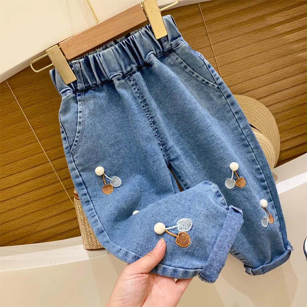 Spring Autumn Baby Girls Denim Pants Heart Embroidery Elastic Waist Muslin Pockets Casual Children Girls Pants Kid Girls Pants