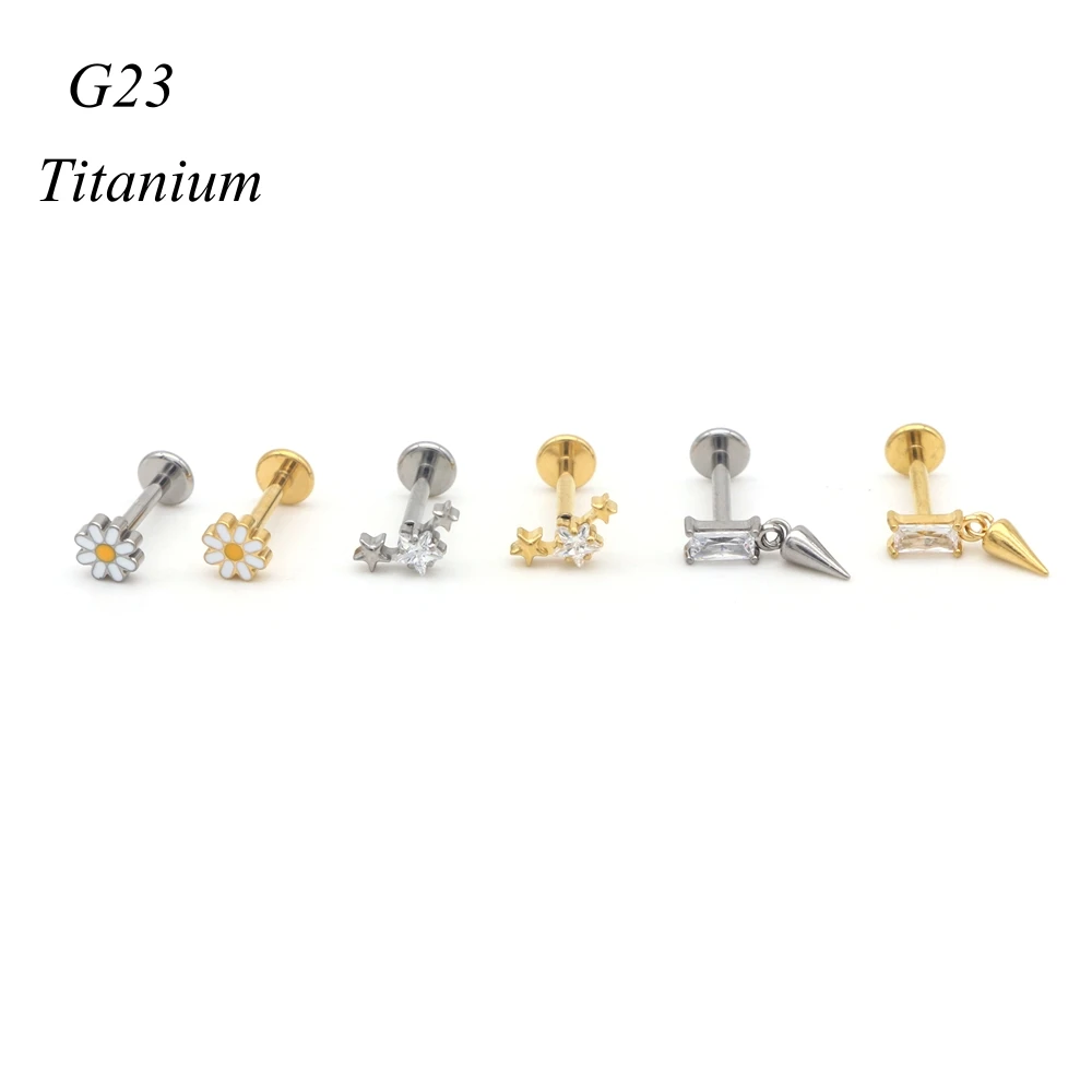 12PCS Titanium Lip Stud Little Daisy Five Star Pendant Cute Ear Stud Girl Fashion Earring 16G Bar Internal Thread