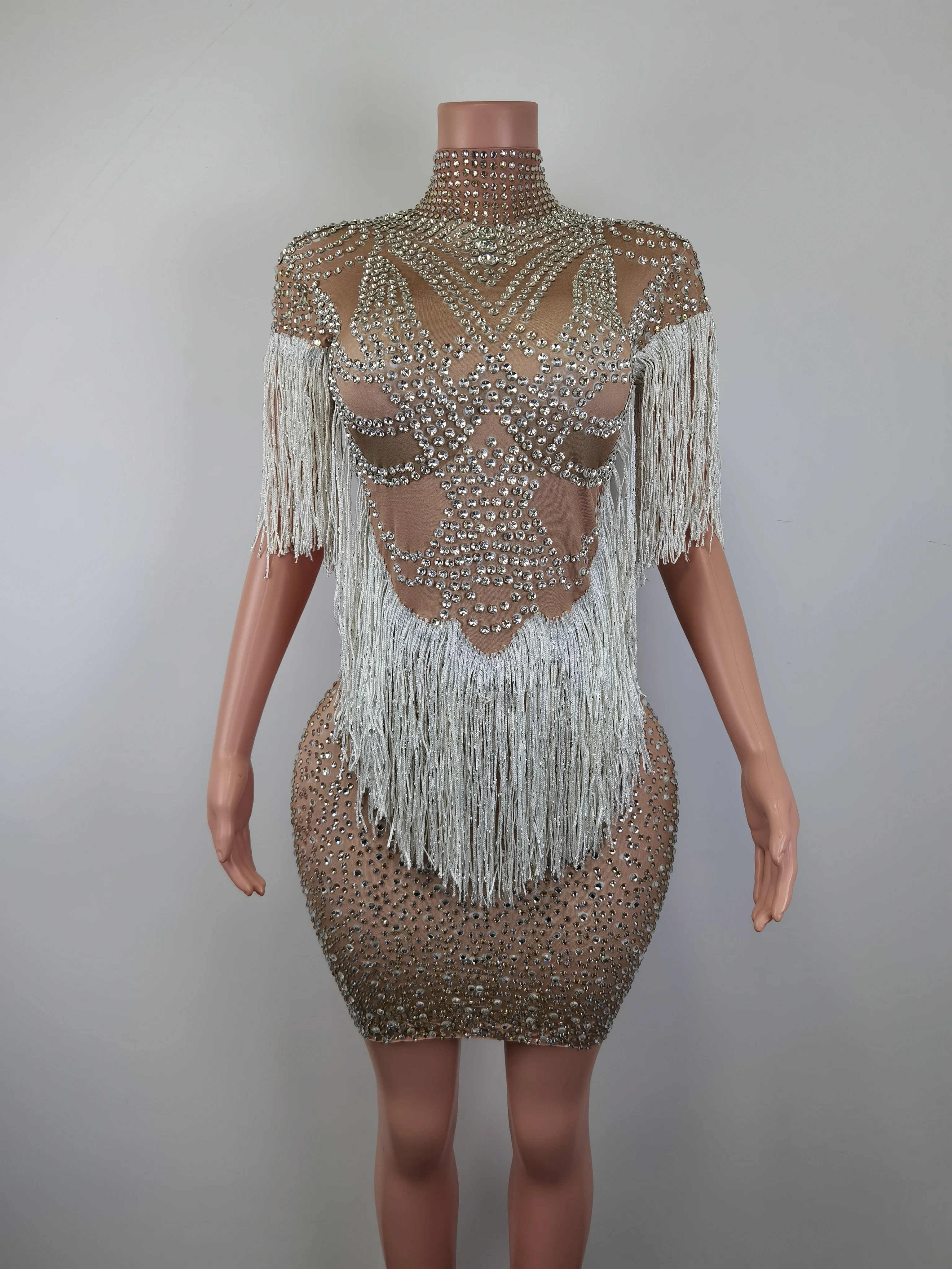 Elegancka Sukienka Koktajlowa Bodycon z Długim Rękawem, Frędzlami i Cyrkoniami, Damski Strój Klubowy, Suknia Wieczorowa na Kolację, Seksowna Mini Sukienka na Bal Maturalny