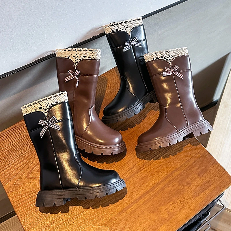 

Girls Leather Boots Korean Style Versatile Kids Mid-calf Boots Sweet Lace 2025 Autumn Winter Children Princess Boots Side Zipper
