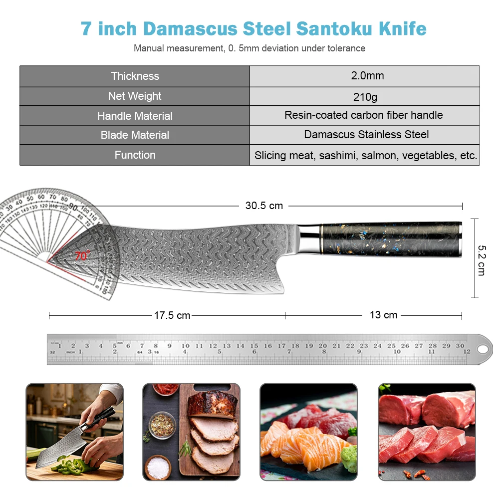 XITUO Santoku Knife 7 Inch Damascus Steel Sharp Japanese Kitchen Cooking Knife for Slicer Meat, Resin-coated Carbon Fiber Handle