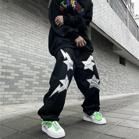 New original hip-hop street lightning pentagram patch jeans loose casual pants wide leg hiphop jeans trendy pants y2k