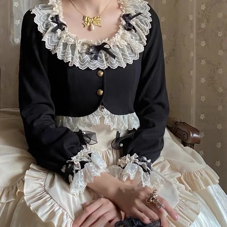 

Короткий топ в стиле Лолиты, изысканный элегантный жакет с кружевными краями, милое милое ретро универсальное пальто с круглым вырезом и длинными рукавами, женская модель