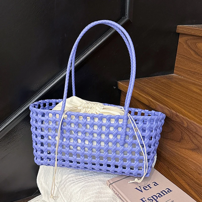 Bohemian Style Hollow-out Woven Basket Bag With Inner Pocket Summer Beach Vacation Handbag Korean Minimalist Women Shoulder Bag