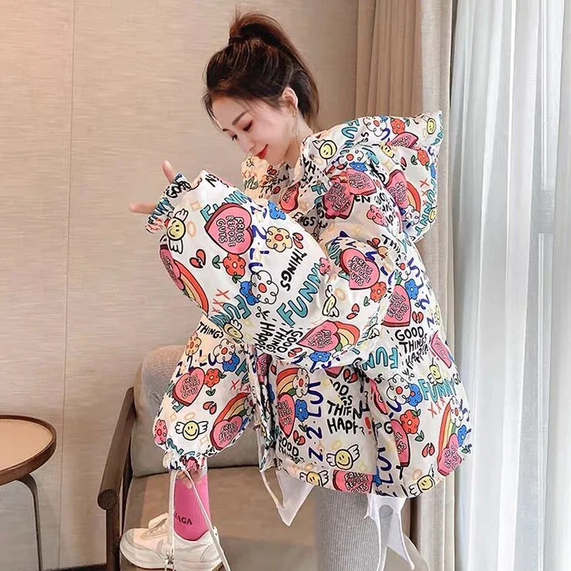 Winter Women's Korean Loose Thickening Hooded Mid-length Long-sleeve Warm Parkas 2023 New Letter Jacket Down Cotton Jackets Lady