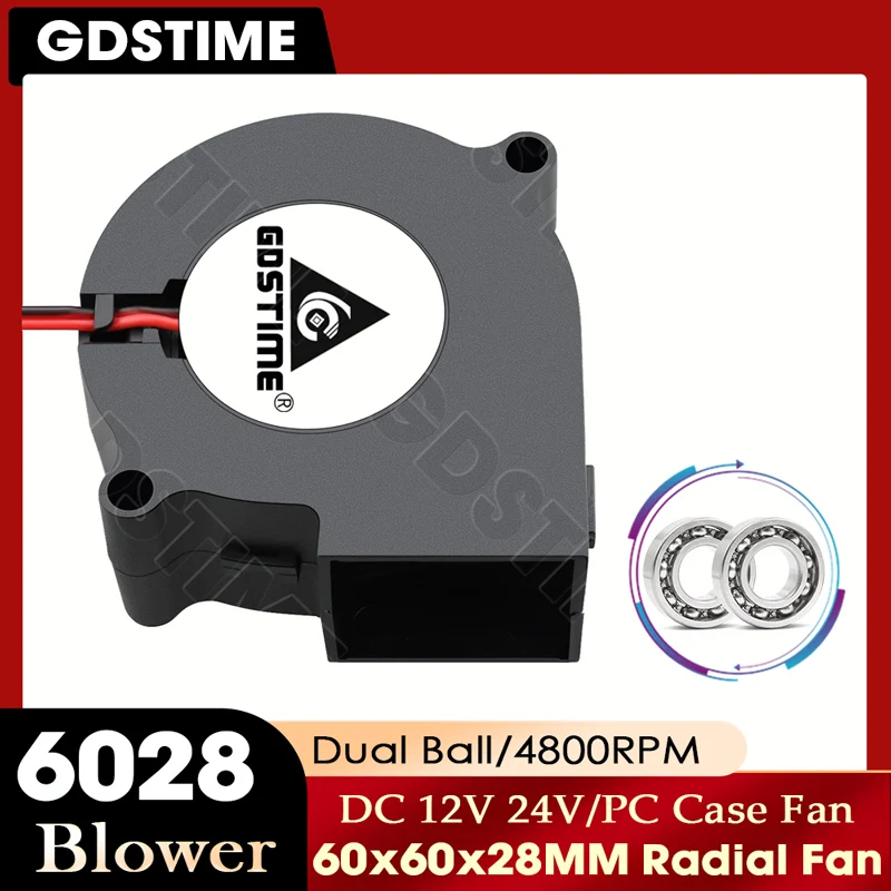 

GDSTIME Brushless DC 12V 24V Cooler 60x60x28mm 60mm 2Pin Centrifugal Blower Cooling Fan 6028 6cm Sleeve Dual Ball Radiator