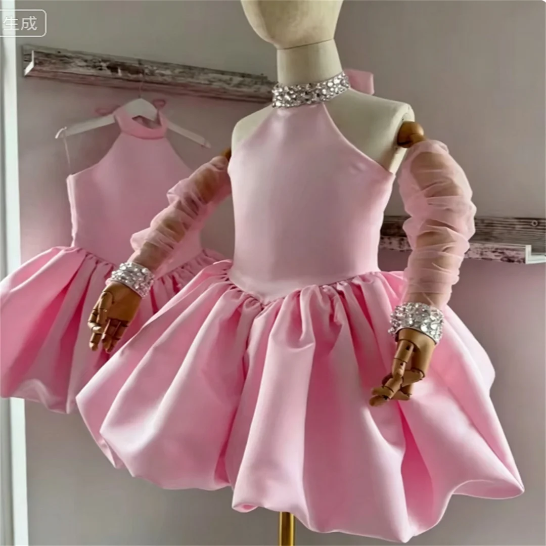 Lovely Flower Girl Dress Pink Bow Tie Puff Girls Party Dresses for Wedding Satin Kids Birthday Ceremonial Dress Customized