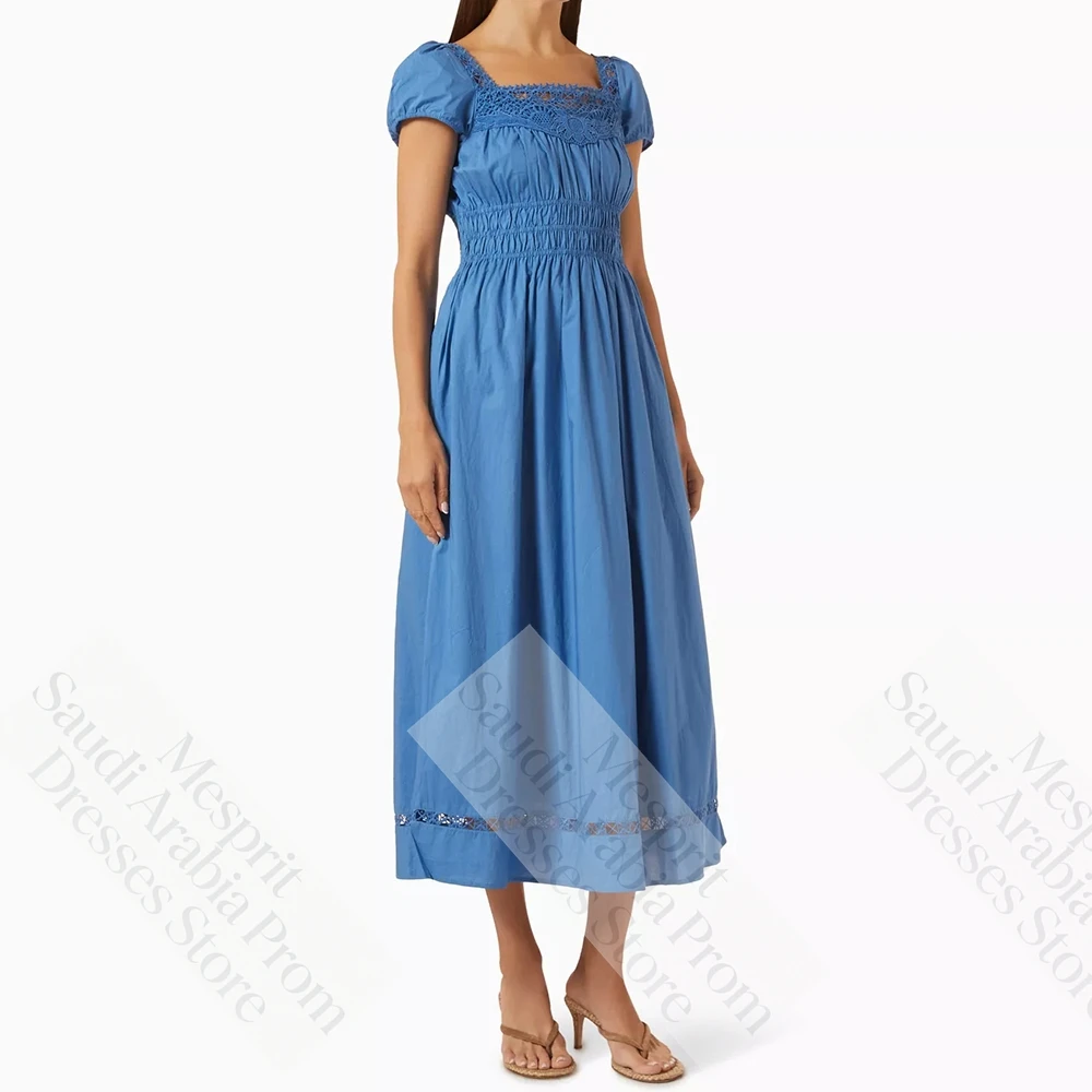 Women's A-line Evening Dresses Tea-length Square Collar Short Sleeve Prom Dresses Fashion Lace Simple Draped Customized Gowns